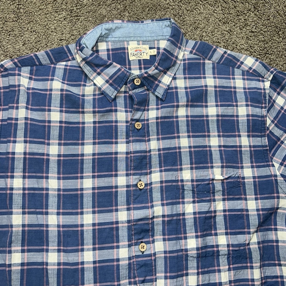 Faherty Shirt Men L Large Blue Plaid‎ Short Sleeve Button Down Pocket Travel
